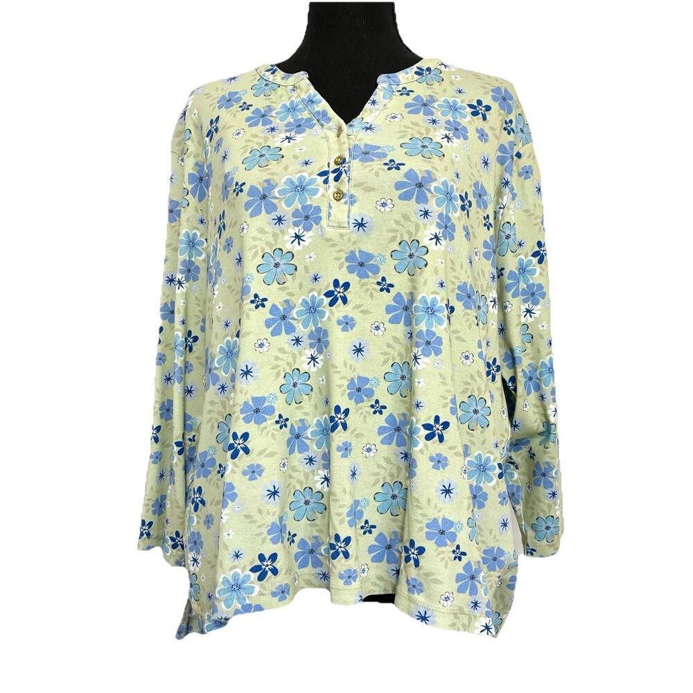 Serengeti Floral Henley Long Sleeve Top XL Cotton Green Blue Flowers Plus Size